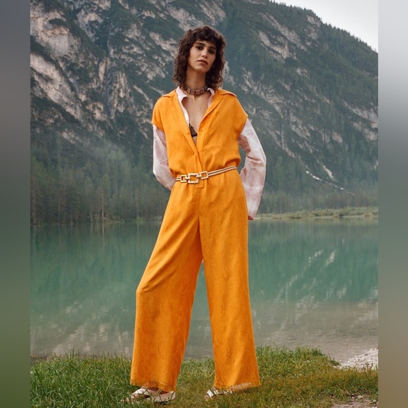 Zara Pants - Zara modal golden textured jumpsuit raw hem